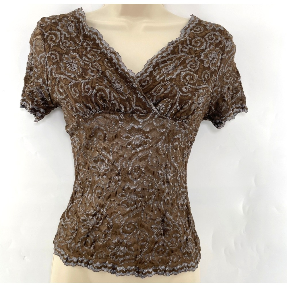 Vintage Y2K Brown Sheer Floral Lace Top S Babydoll Fitted Indie Grunge Fairy